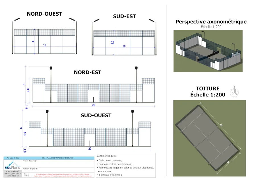 autorisation pour construire un terrain de tennis ou de padel, plan des façades et toiture, VosPlans