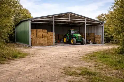 Hangar agricole ouvert stockant du foin et un tracteur en milieu rural