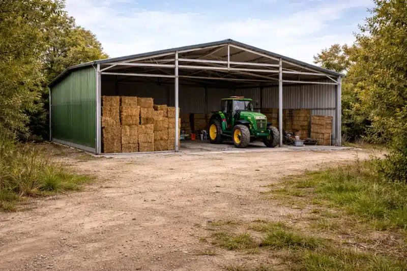 Permis de construire hangar agricole : les règles à connaître avant de commencer les travaux 1 Intérieur d'un hangar agricole soumis à permis de construire métallique avec tracteur John Deere et foin