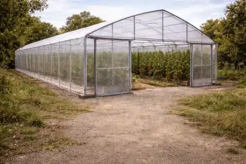 Serre agricole tunnel en polycarbonate avec cultures de tomates, soumise à déclaration préalable ou permis de construire selon la hauteur