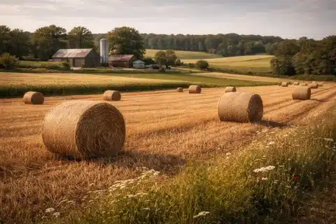 Champ agricole avec bottes de foin rondes et ferme en arrière-plan en zone A du PLU