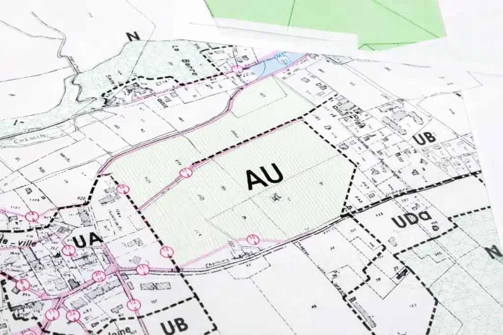 Plan de zonage PLU avec une zone AU délimitée entre zones urbaines
